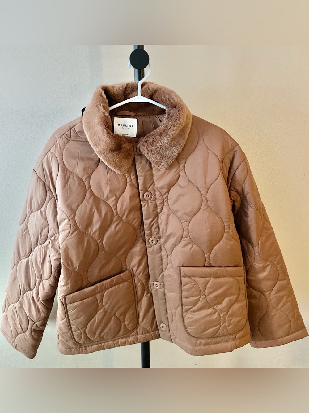 Sz S online by aerie real luxe Quilted Faux-Fur Collar Jacket in Rust - Picture 3 of 10